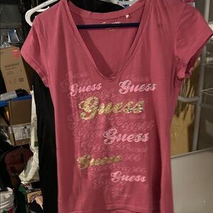 Guess V-Neck Pink Tee with Gold Accents